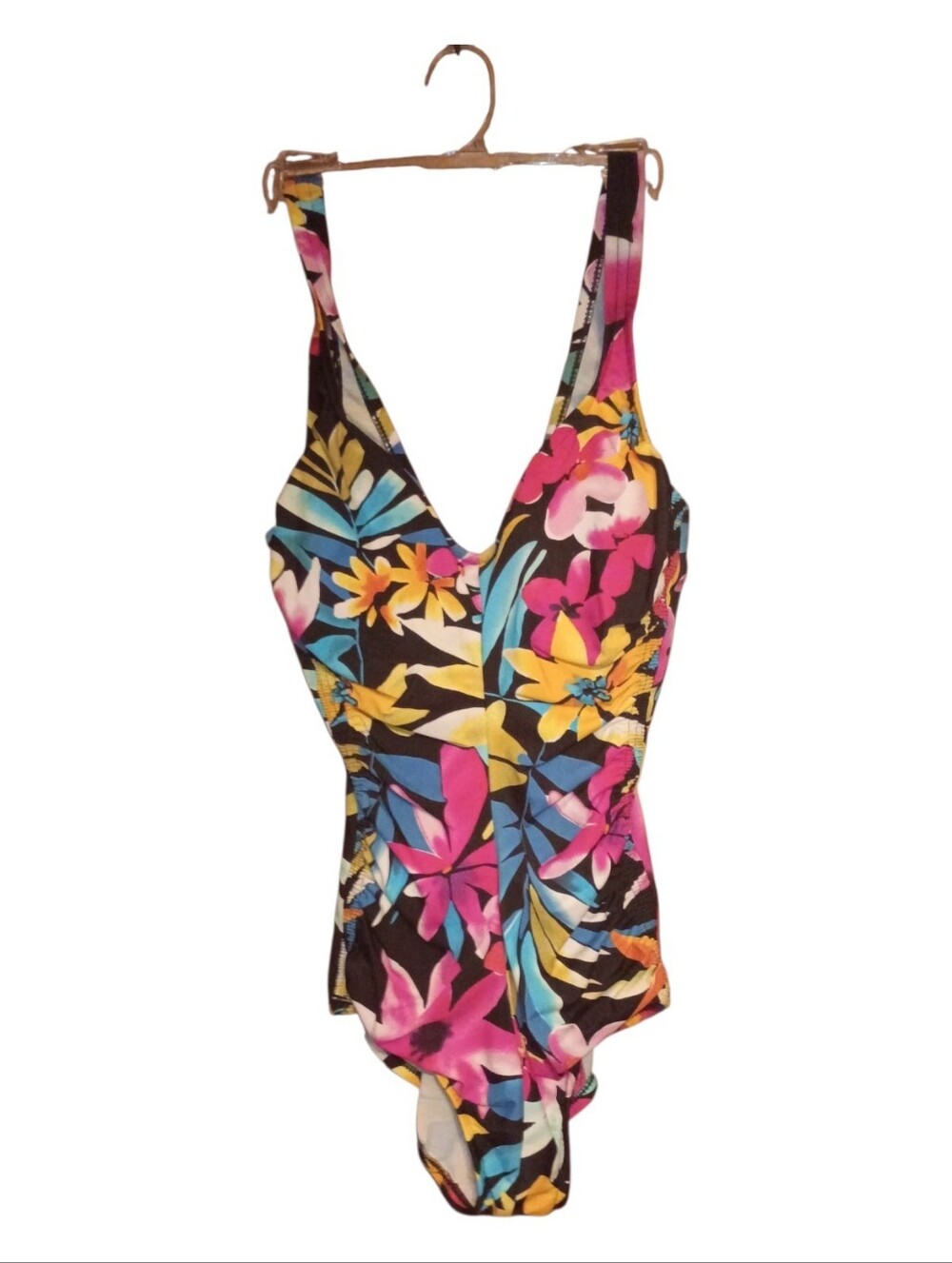 Tropical Floral One-Piece Swimsuit - Pink, Yellow, Blue on Black